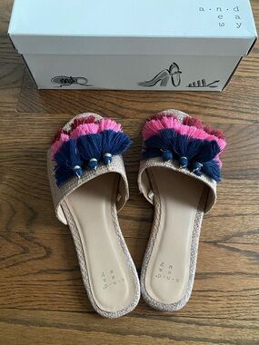 a new day Beige Sandals  with Pink & Navy Tassel Fringe